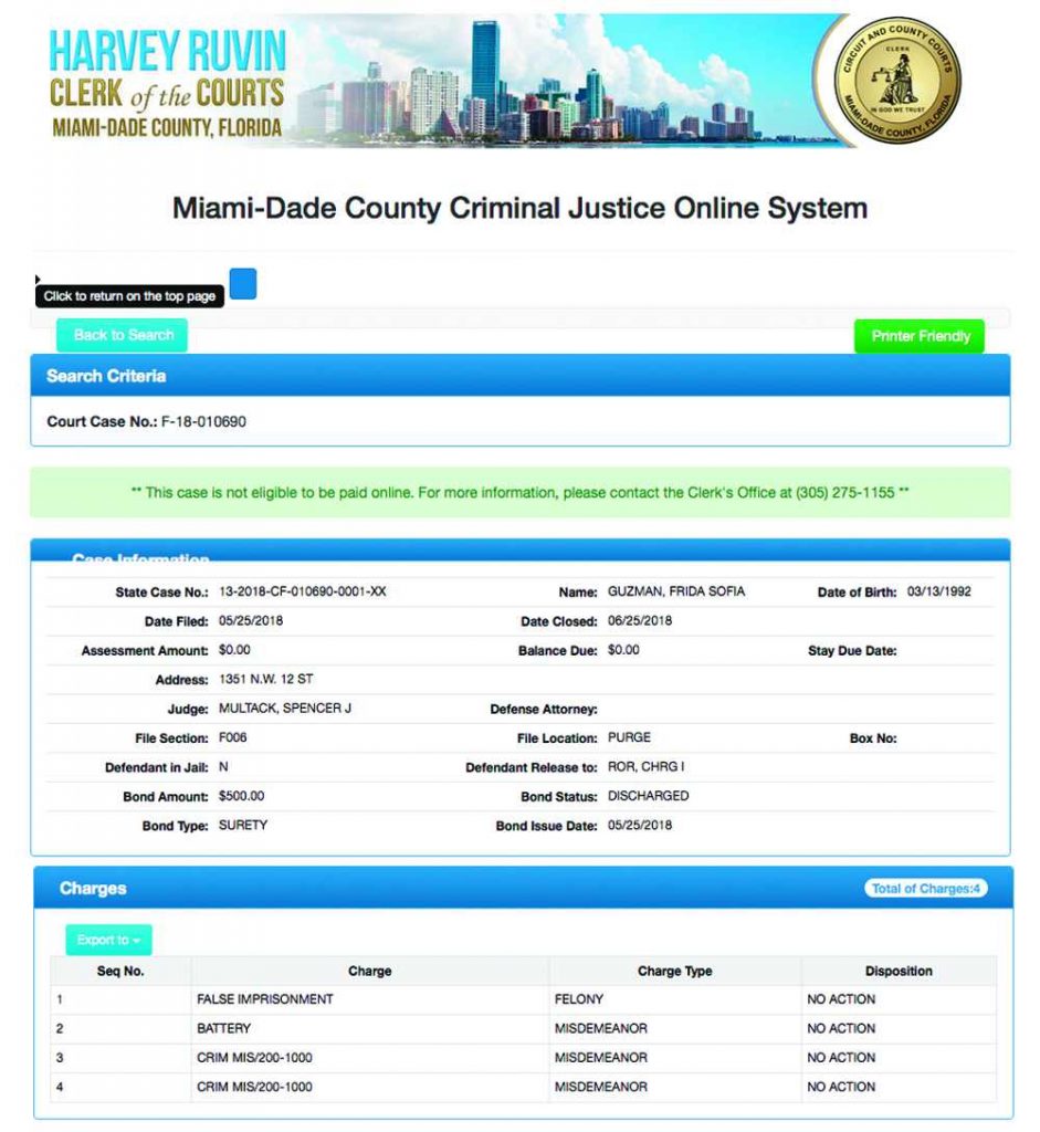 Ficha de detención. Foto: Miami-Dade County Criminal Justice