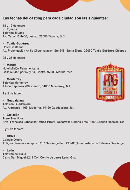 Fechas de los castings para Pequeños Gigantes.