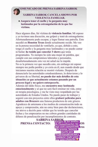 Comunicado de Sabrina Sabrok. Instagram @sabrinasabrokreal