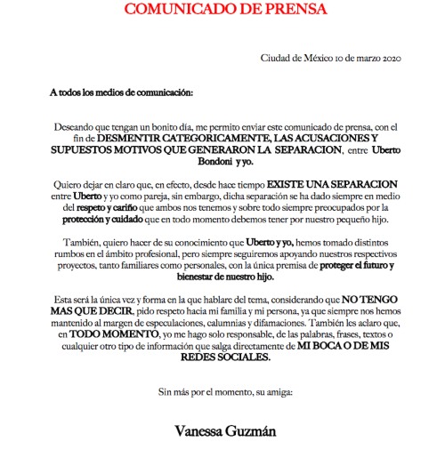 Comunicado Vanessa Guzmán. Foto: Cortesía